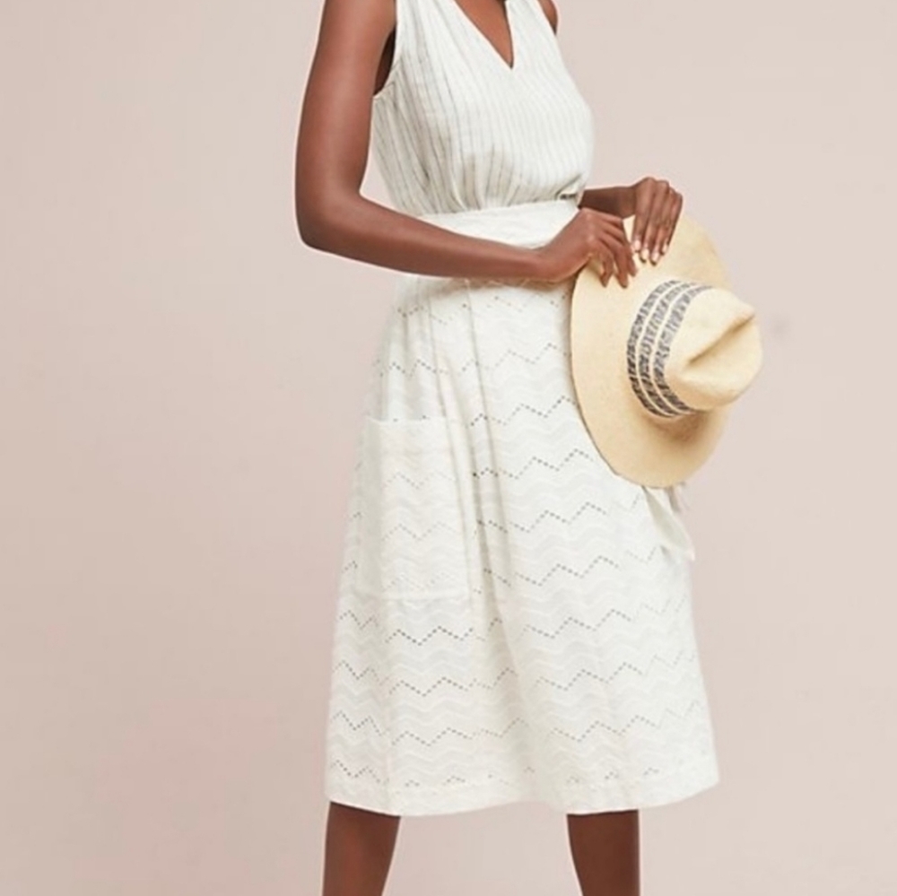 Tracy Reese x Anthropologie White Eyelet Belted Midi Skirt Size 12